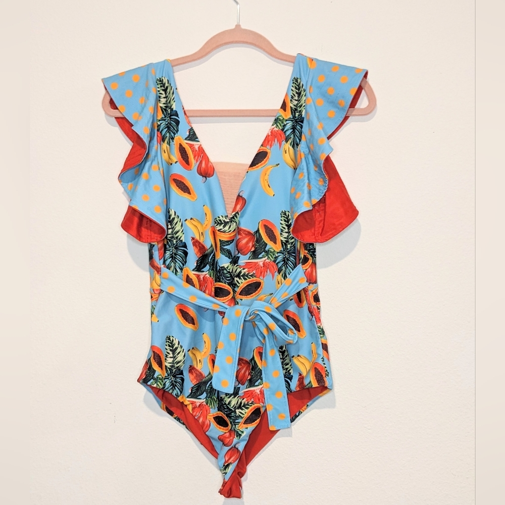 Papaya Print Ruffle Shoulder V Neck Belted One Piece Swimsuit size L